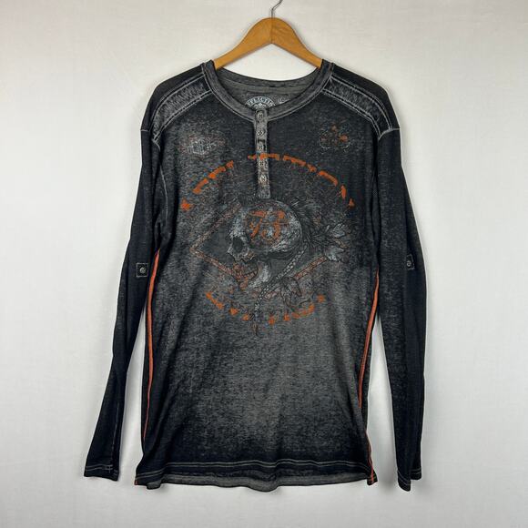 Affliction Skull Waffle Thermal Henley Long Sleeve Shirt Gray Skull Mens Size XL - Picture 1 of 7